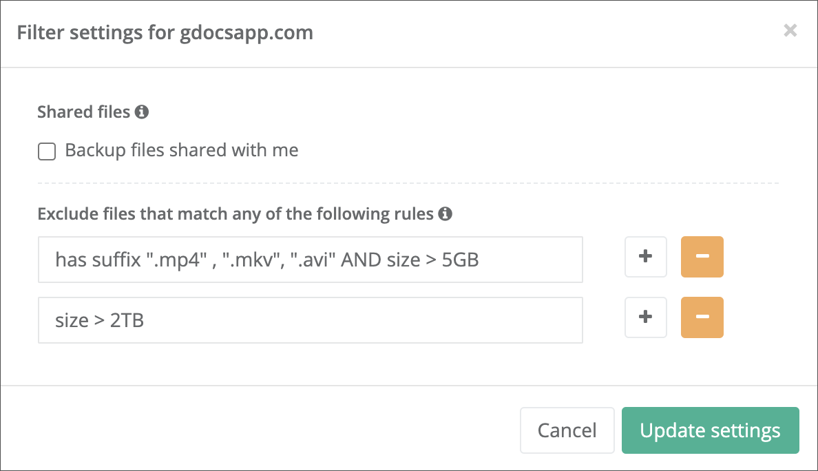 Google Drive backup settings